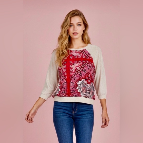 Anthropologie Sweaters - Anthropologie Woman’s Tiny Paisley Cropped Red and Cream Patterned Sweater in S